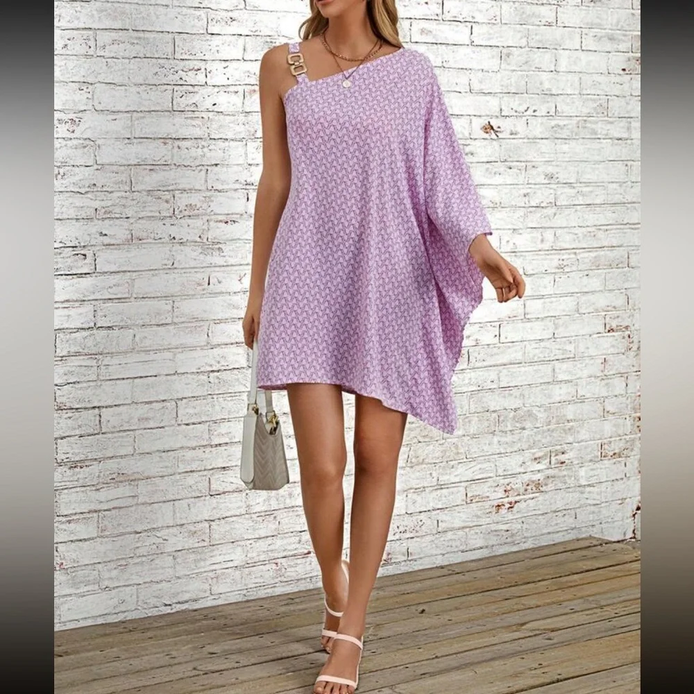 Boho chain strap one shoulder batwing sleeve mini dress - Picture 4 of 5